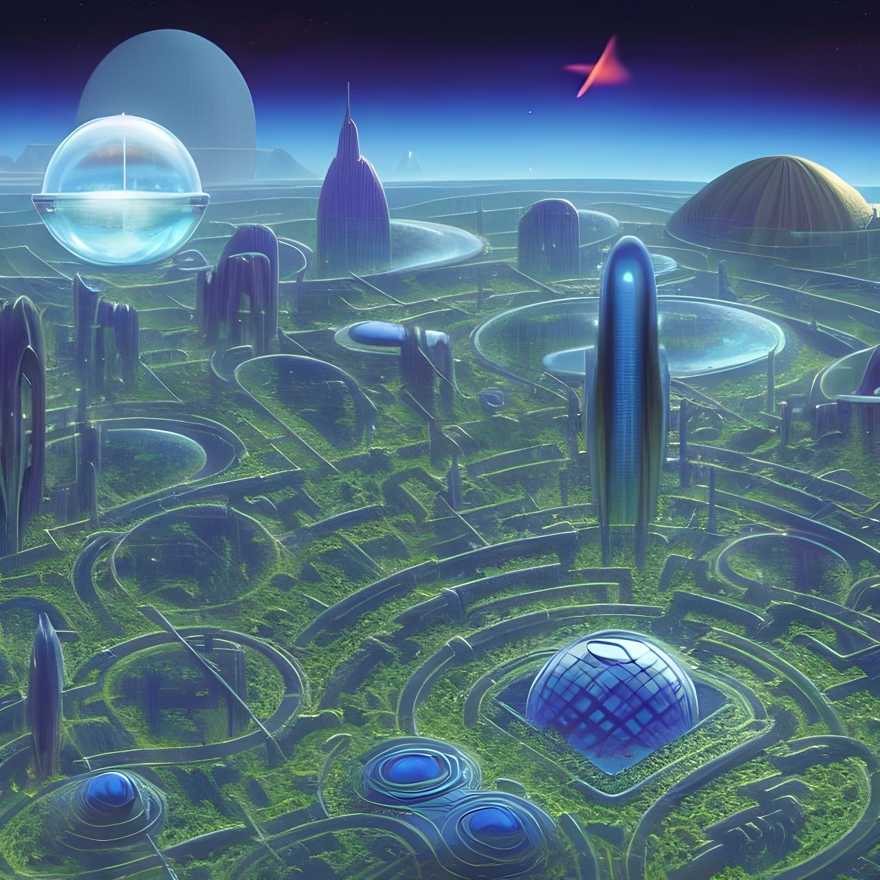Biodome City Over Neptune in Retrofuturistic Sci-Fi Art