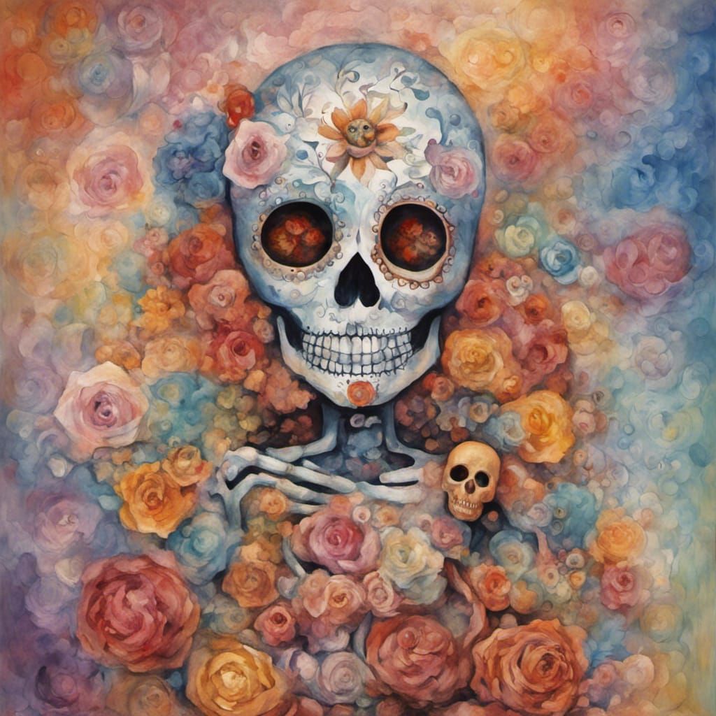 Sugar Skull Death holding  Birth a live healthy  happy baby,...