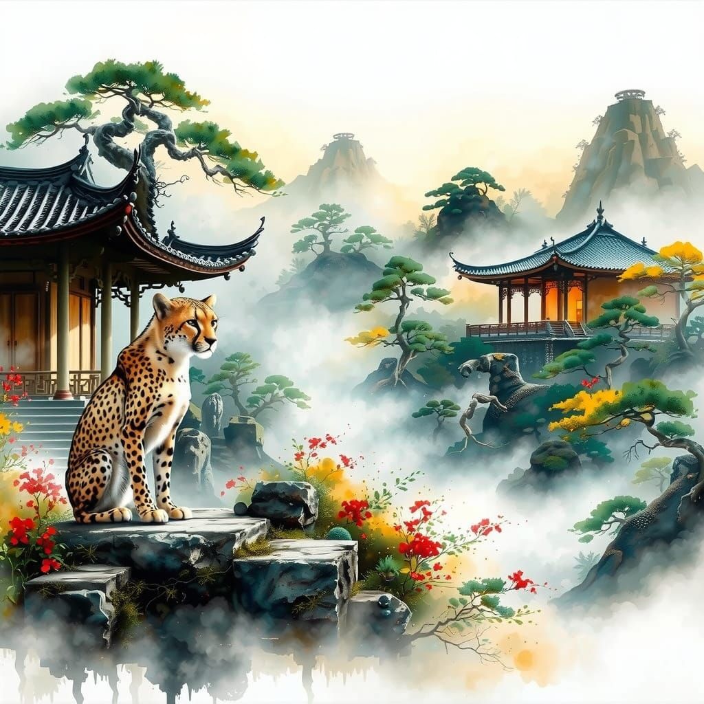 Cheetah in Front of Japanese House with Traditional Architec...