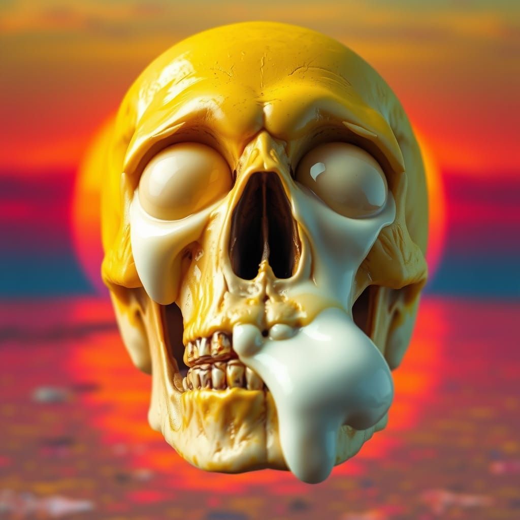 Melting Skull with Neon Sunset, Hyperrealistic HDR Image