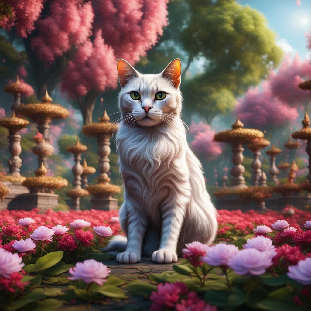 Thai Cat in Flower Park: Detailed Matte Painting