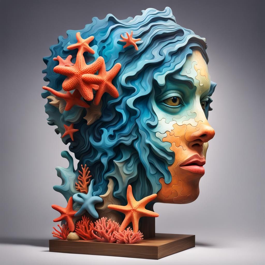 Ocean Sculpture with Puzzle Pieces in Splash Art Style