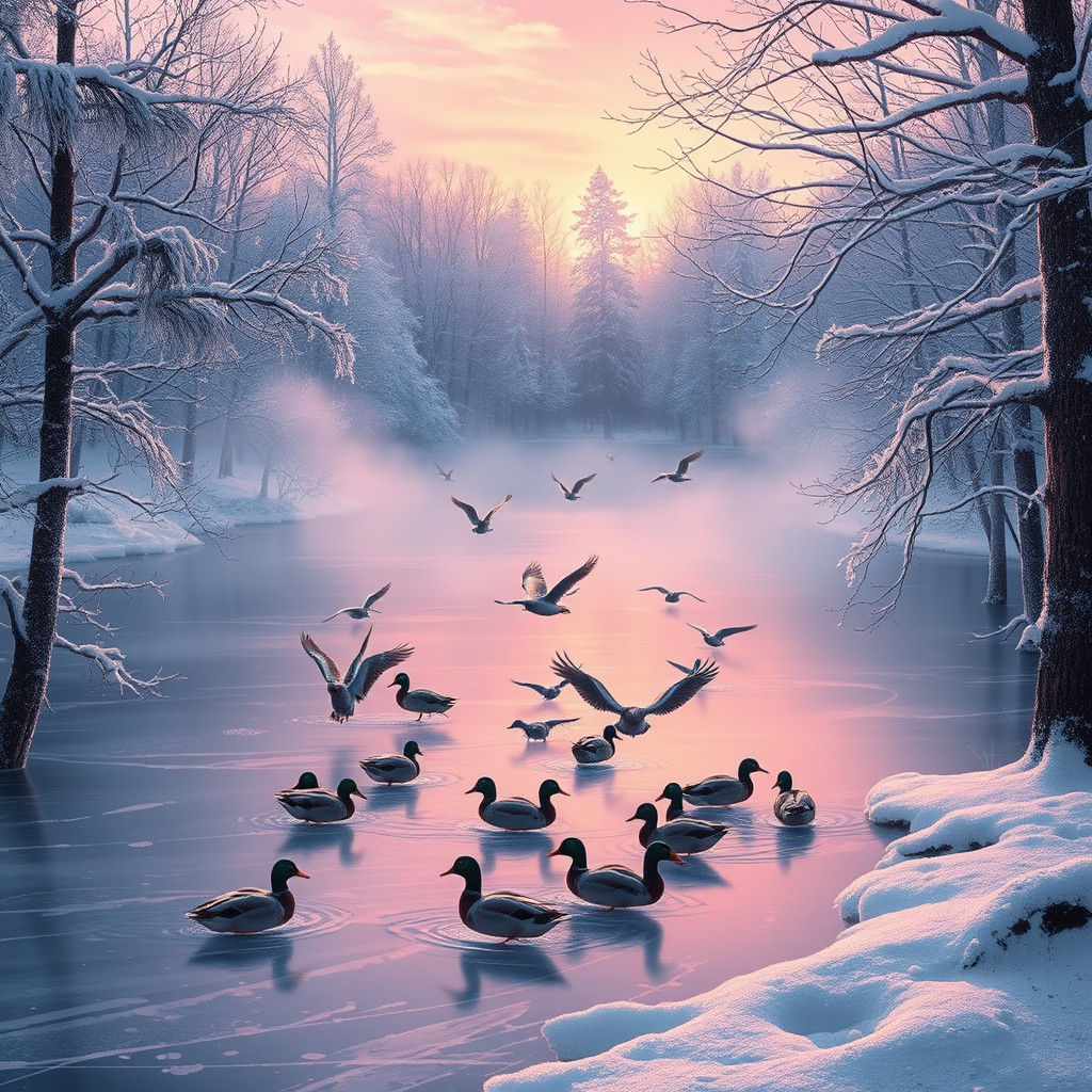 Winter Lake: Ducks Landing in Ethereal Pink Sunset