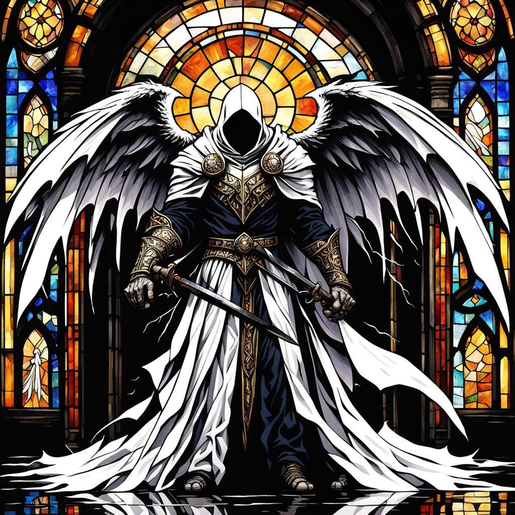 Dark Fallen Angel in Stained Glass, Gothic Style