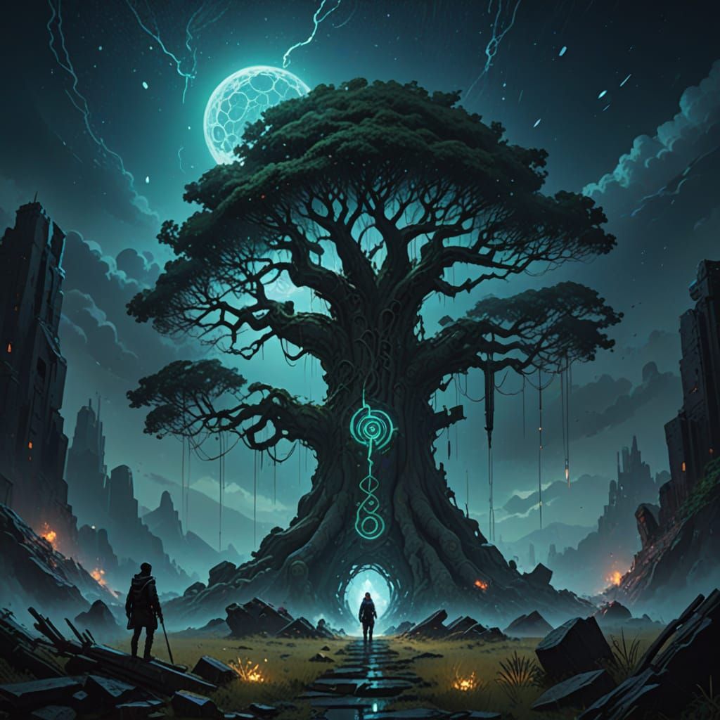 Ancient Tree with Glowing Runes in Fantasy Art Style