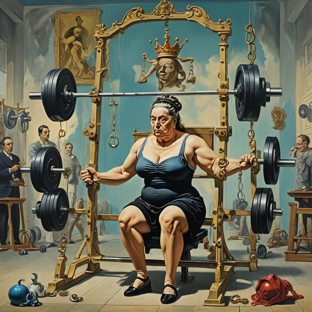 Queen Victoria Weightlifting: A Surrealist Gym Scene