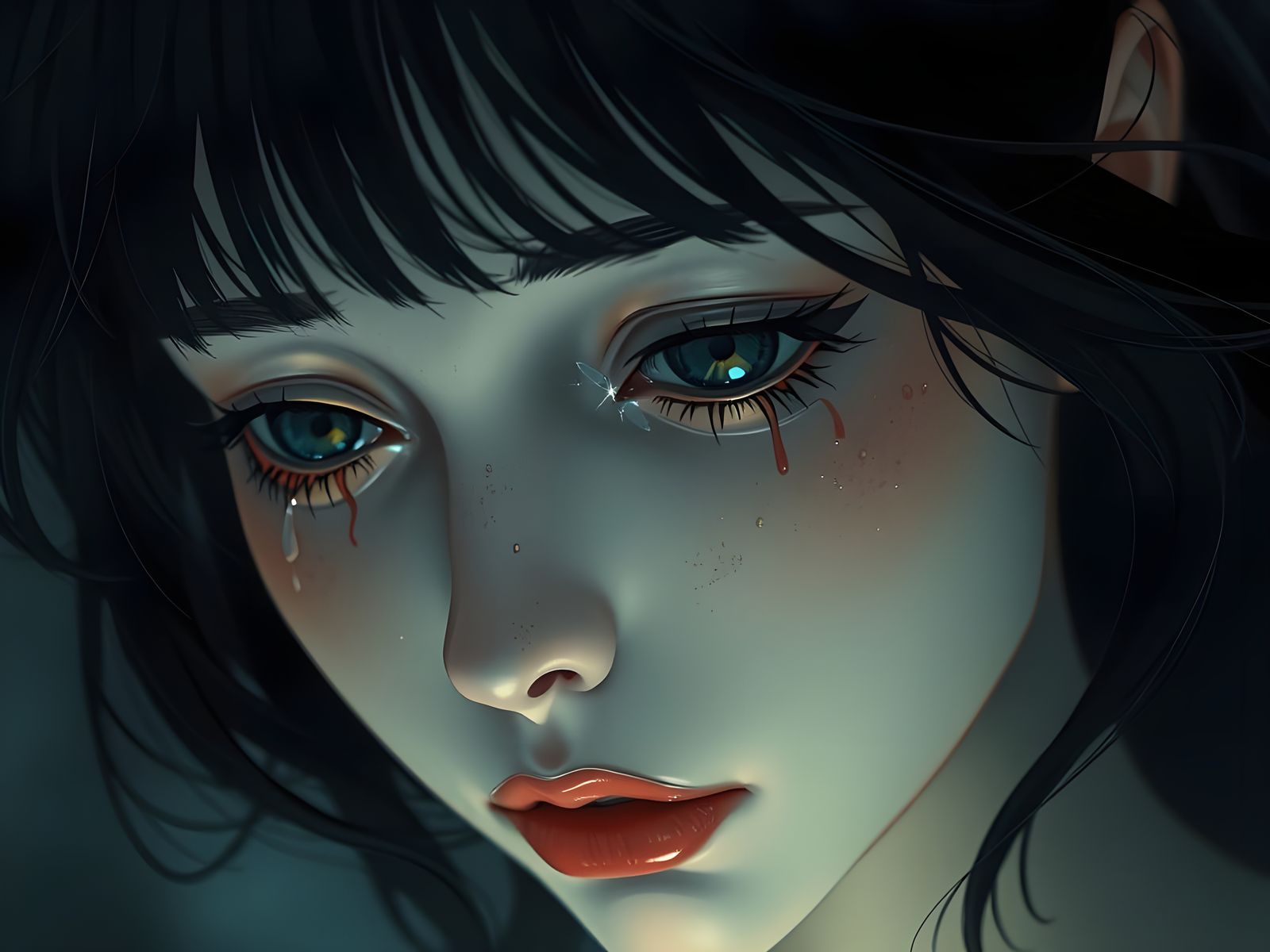 Woman Crying Onyx Tears in Dark Atmospheric Style