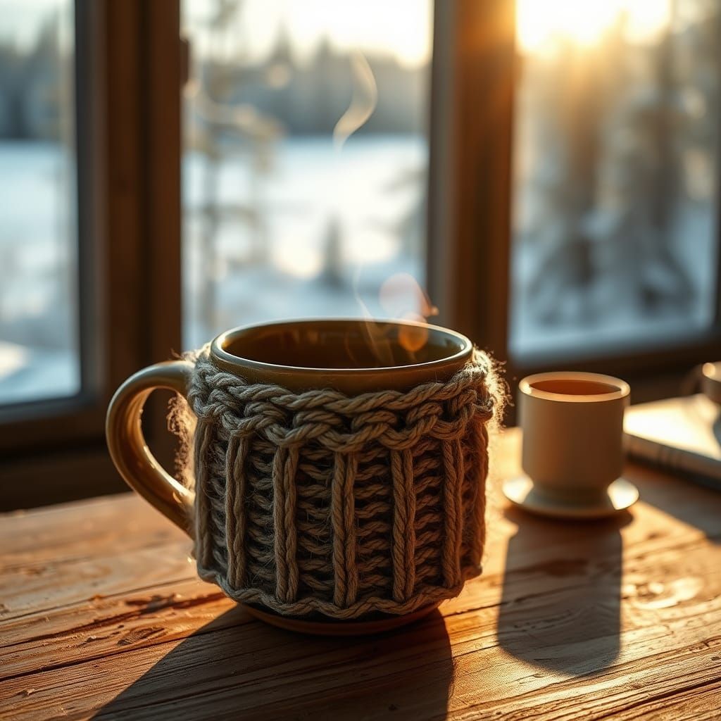 Ceramic Mug with Knit Cozy in Winter Sunlight