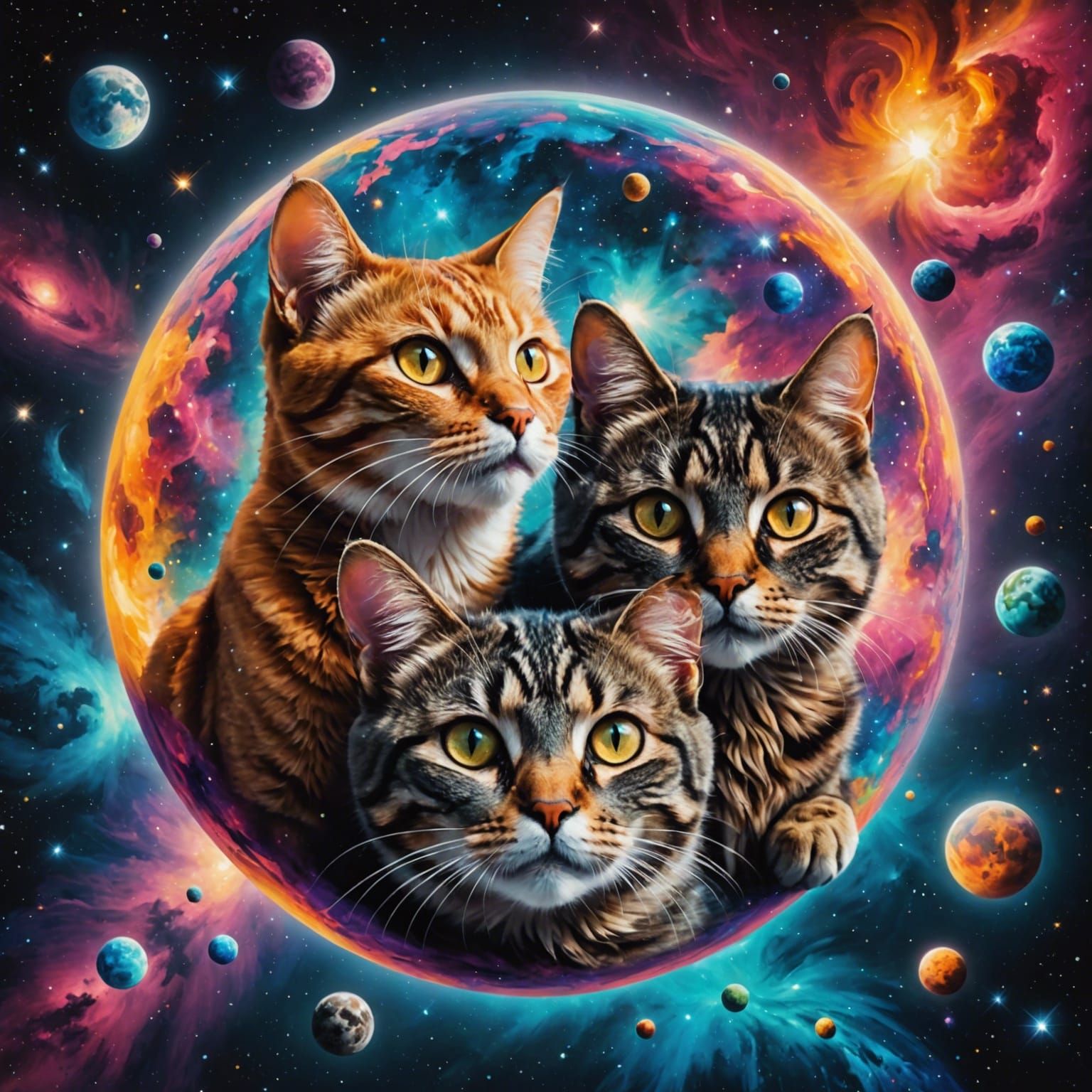 Cats Floating in Colorful Cosmic Space, Hyperrealistic