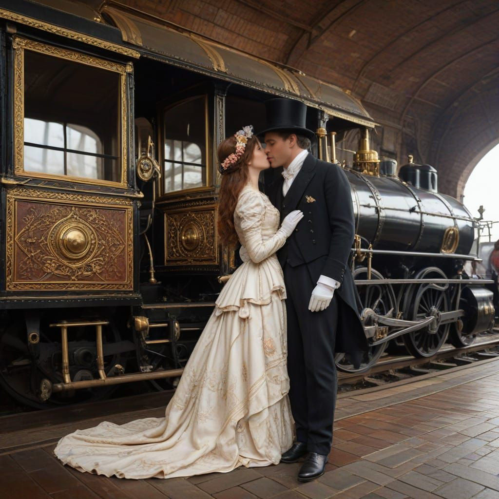 Romantic Victorian Train Station Kiss in a Mysterious Era