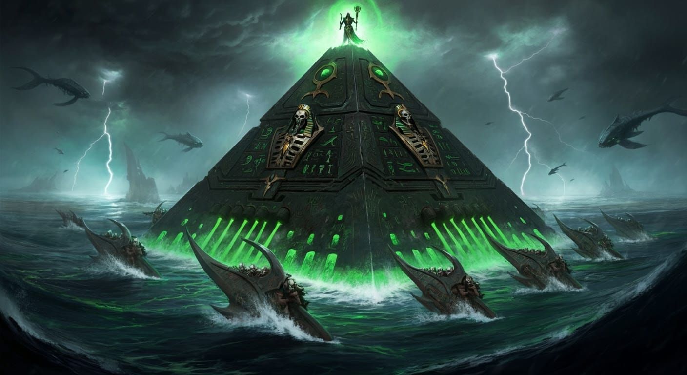 Colossal Necron Tomb Ship Sails Across Liquid Void in Ancien...
