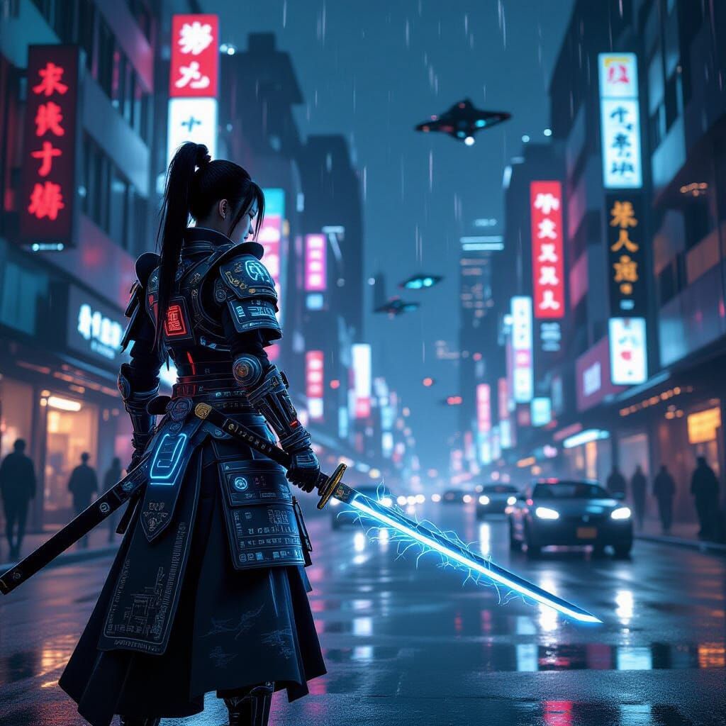 Futuristic Female Samurai on Cyberpunk Tokyo Street