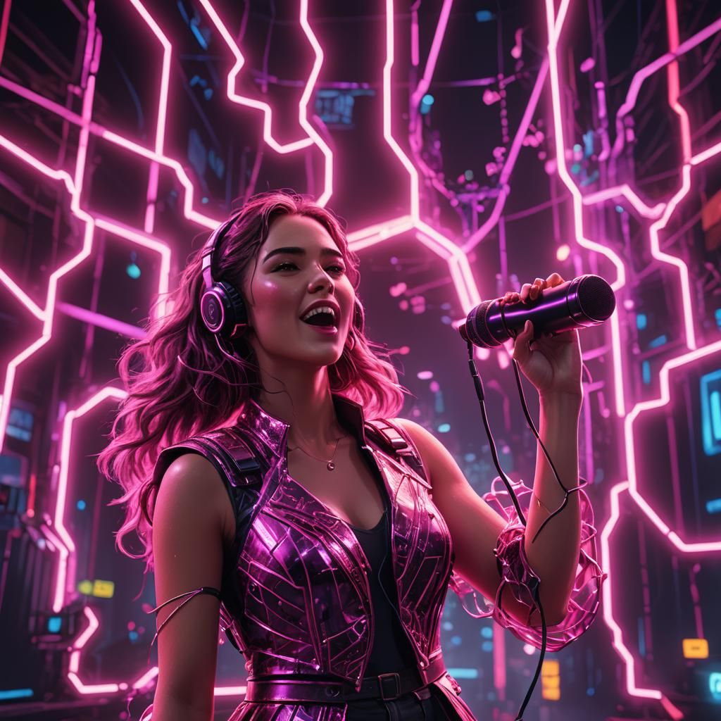 Girl Singing with Microphone in Neon Lights