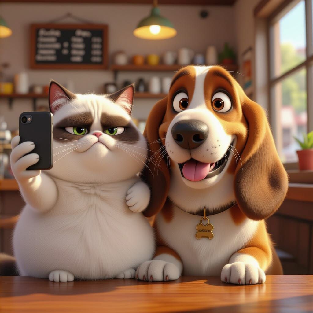 Basset Hound Hugs Grumpy Cat in Coffee Shop Selfie