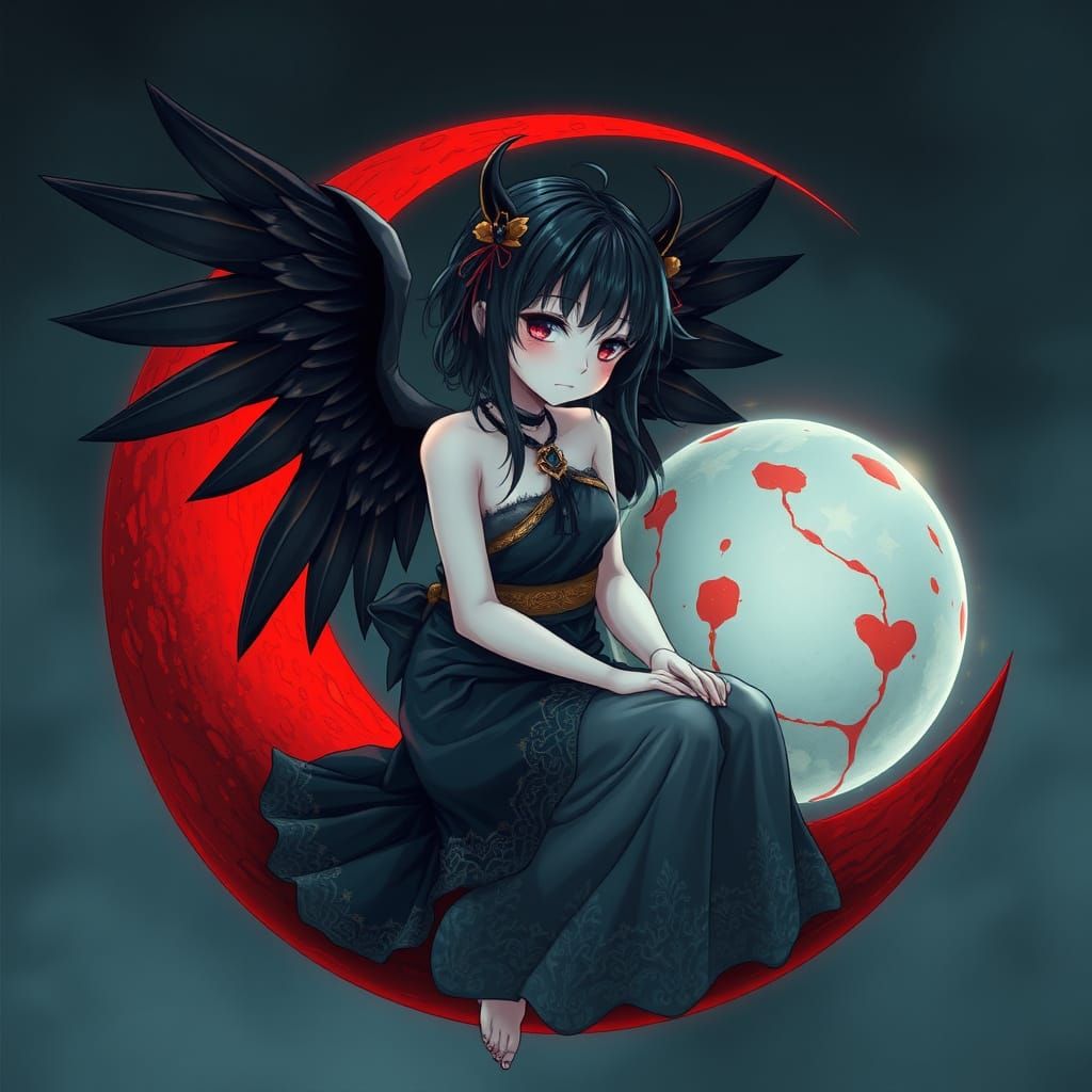 Anime Ghost Girl with Angel Wings, Basking in Lunar Light