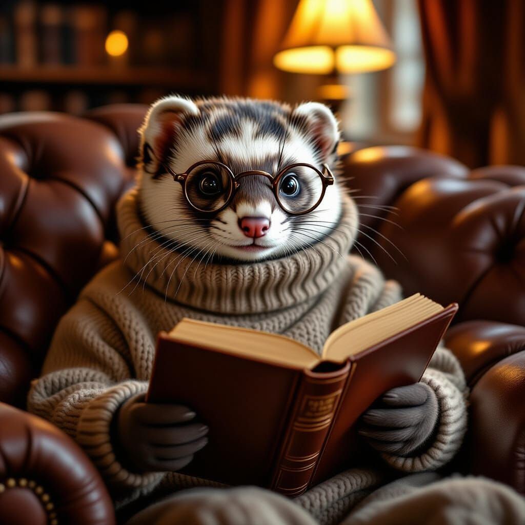 Grandpa Ferret Reading Book in Cozy Style
