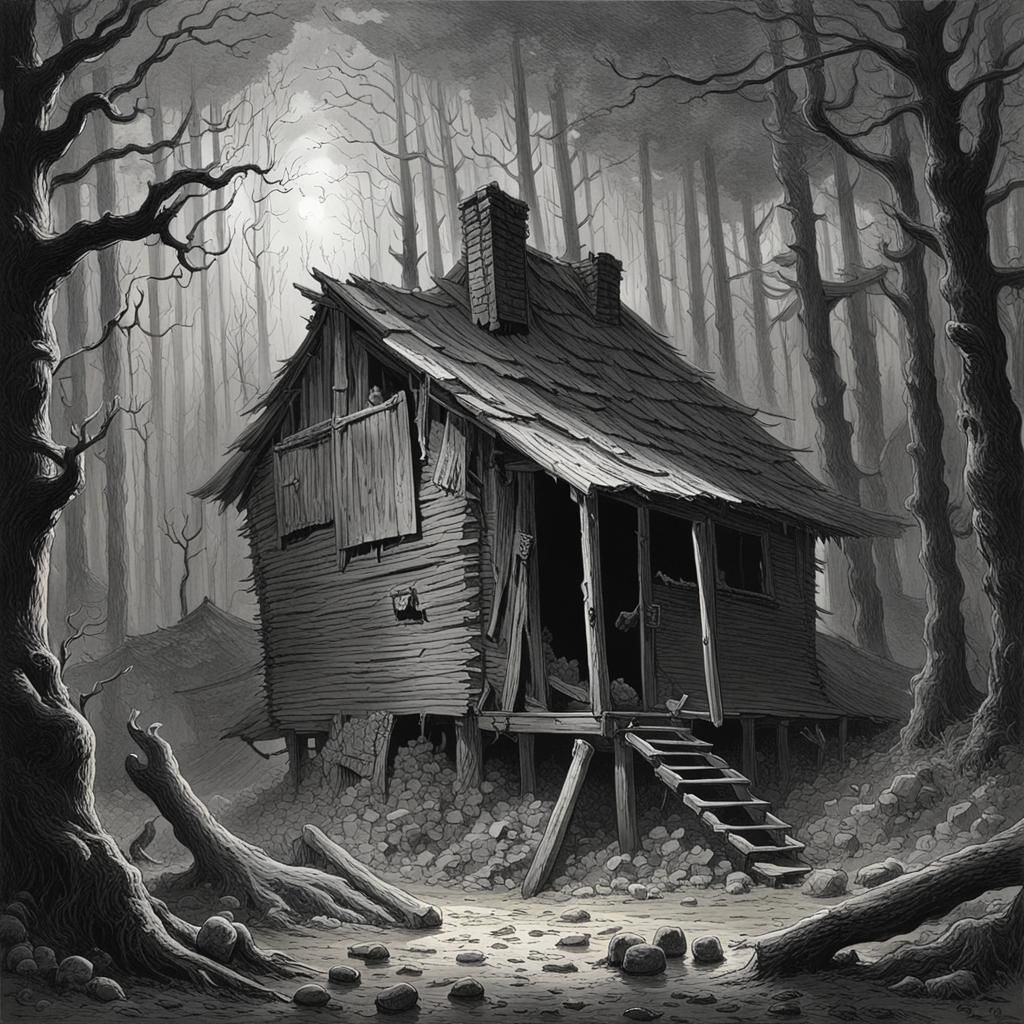 Horror Shack in Woods, Engraving Style