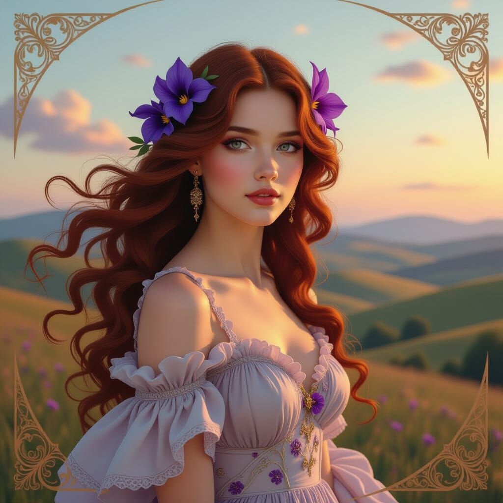 Art Nouveau Woman Merged with Landscape in Double Exposure