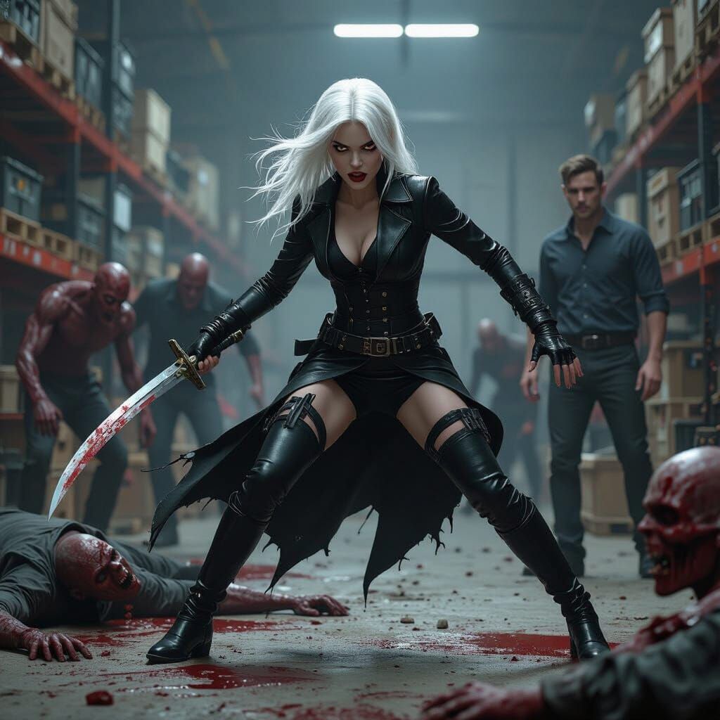 Vampire Battle in Warehouse, Gritty Realism Style