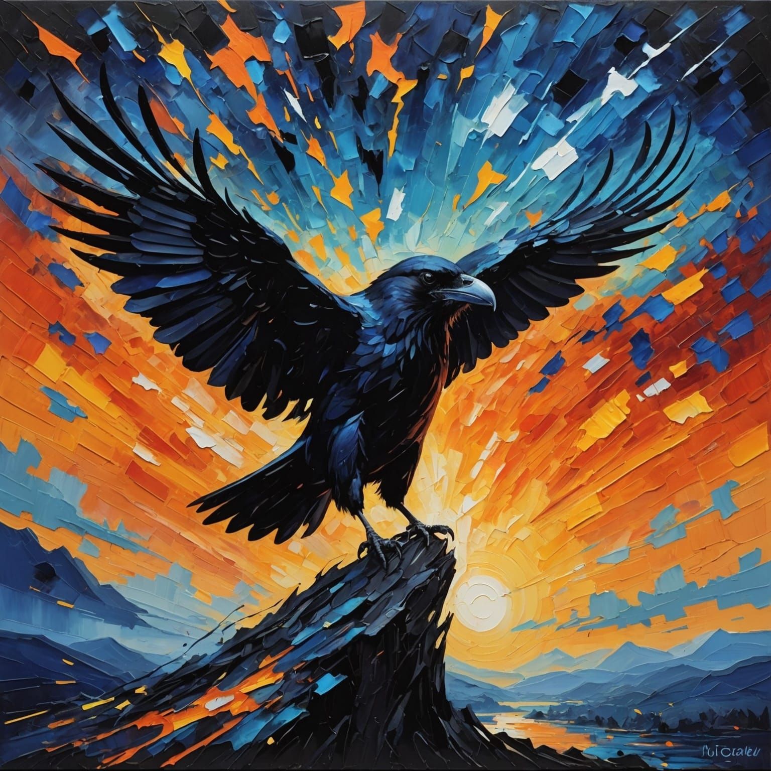 Black Raven in Expressionist Oil Painting