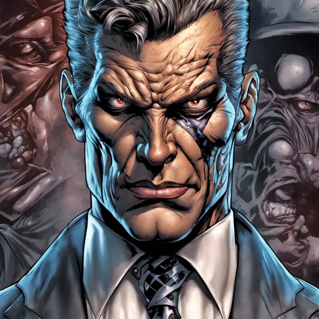 Menacing Two-Face in Hyperrealistic Comic Book Style