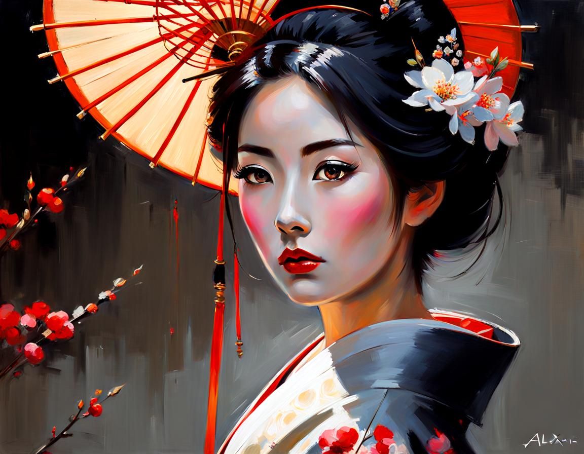 Geisha Alluring Gaze: Alla Prima Oil Painting