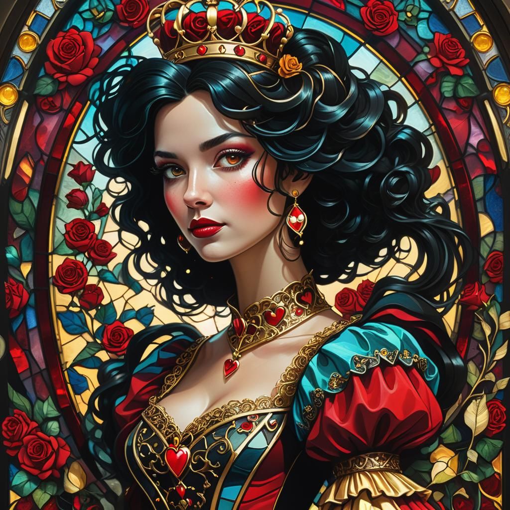 Stained Glass Queen of Hearts Portrait in Art Nouveau Style