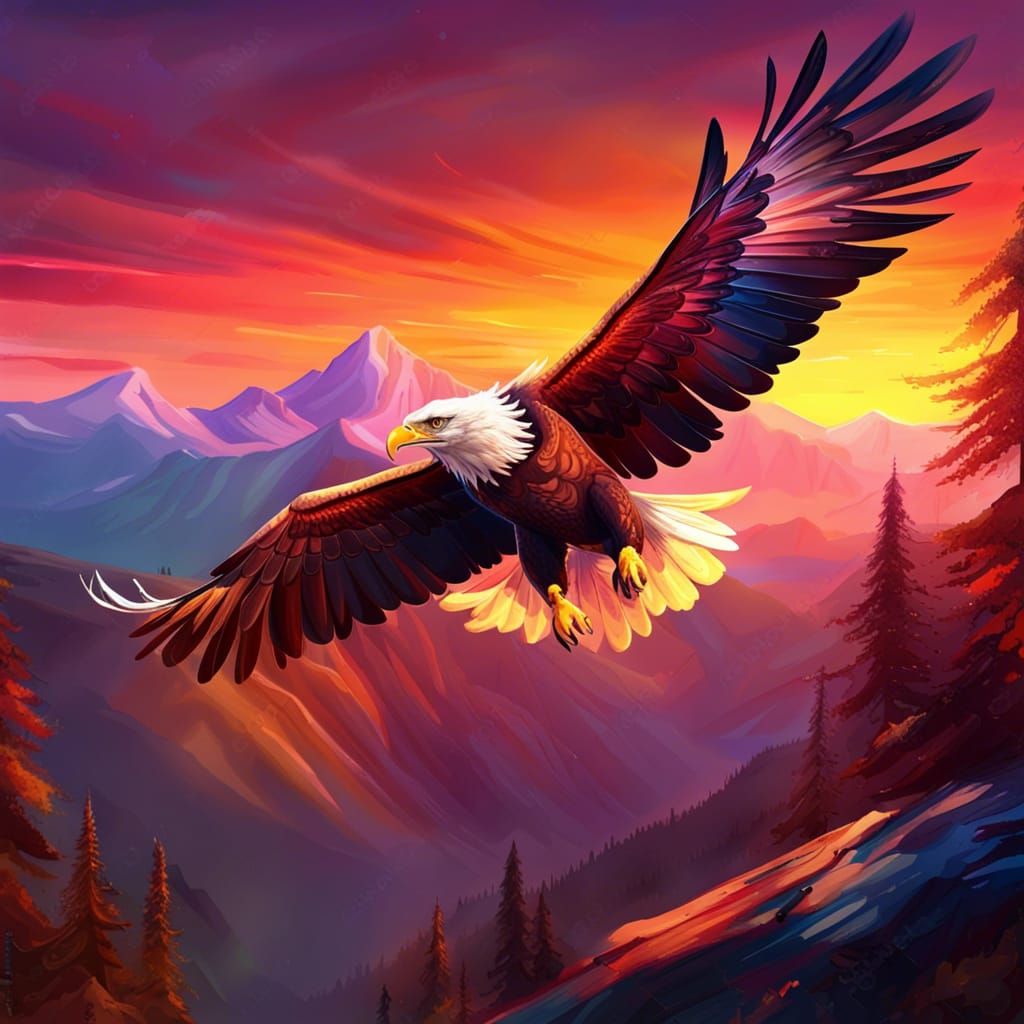 Glorious Eagle Soaring Over Mountain Sunset