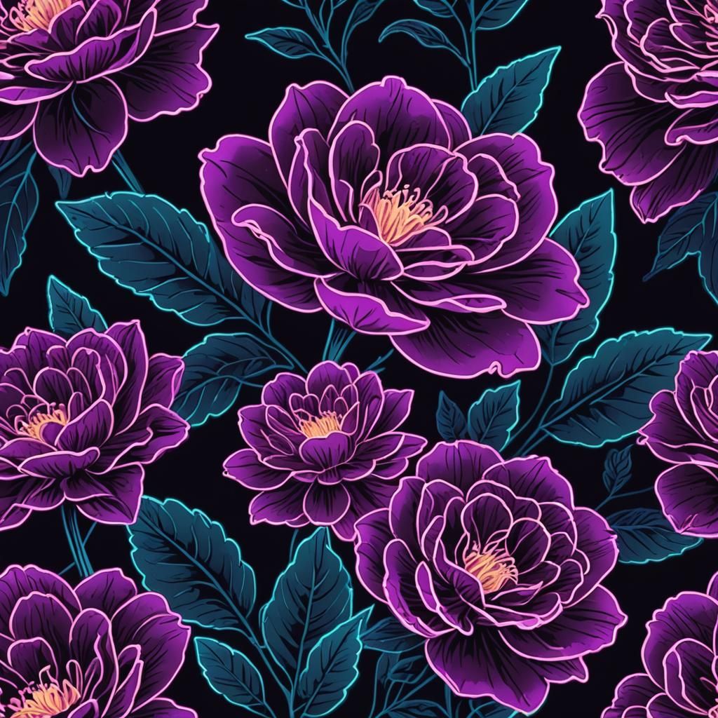 Neon Purple Flowers on Dark Background
