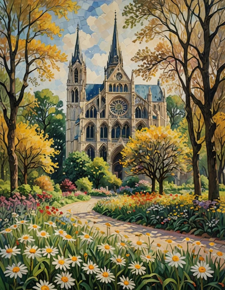 Cathedral with Daisy in Impressionistic Golden Light