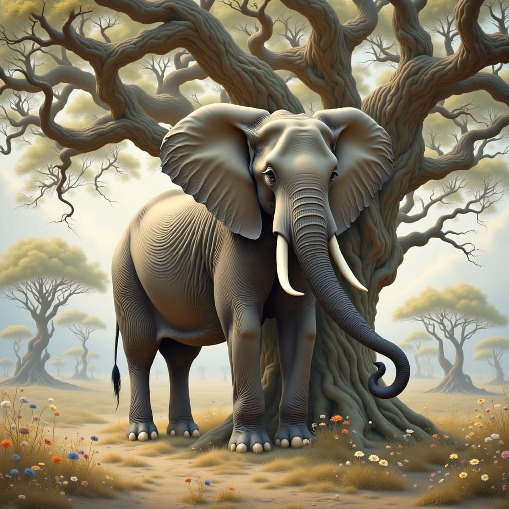 A Majestic Elephant in a Twilight Garden