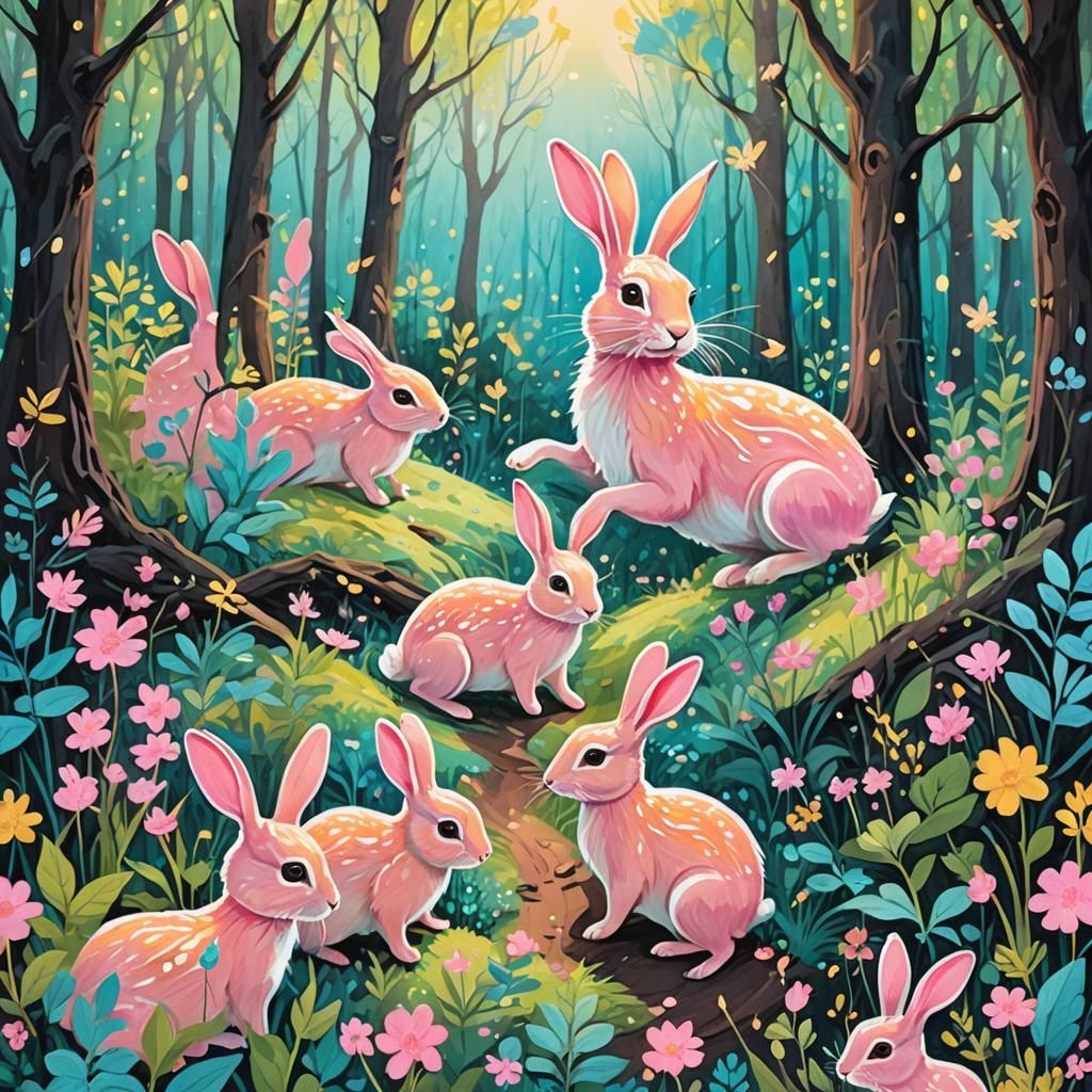 Enchanting Forest: Mother Rabbit and Bunnies in Gouache