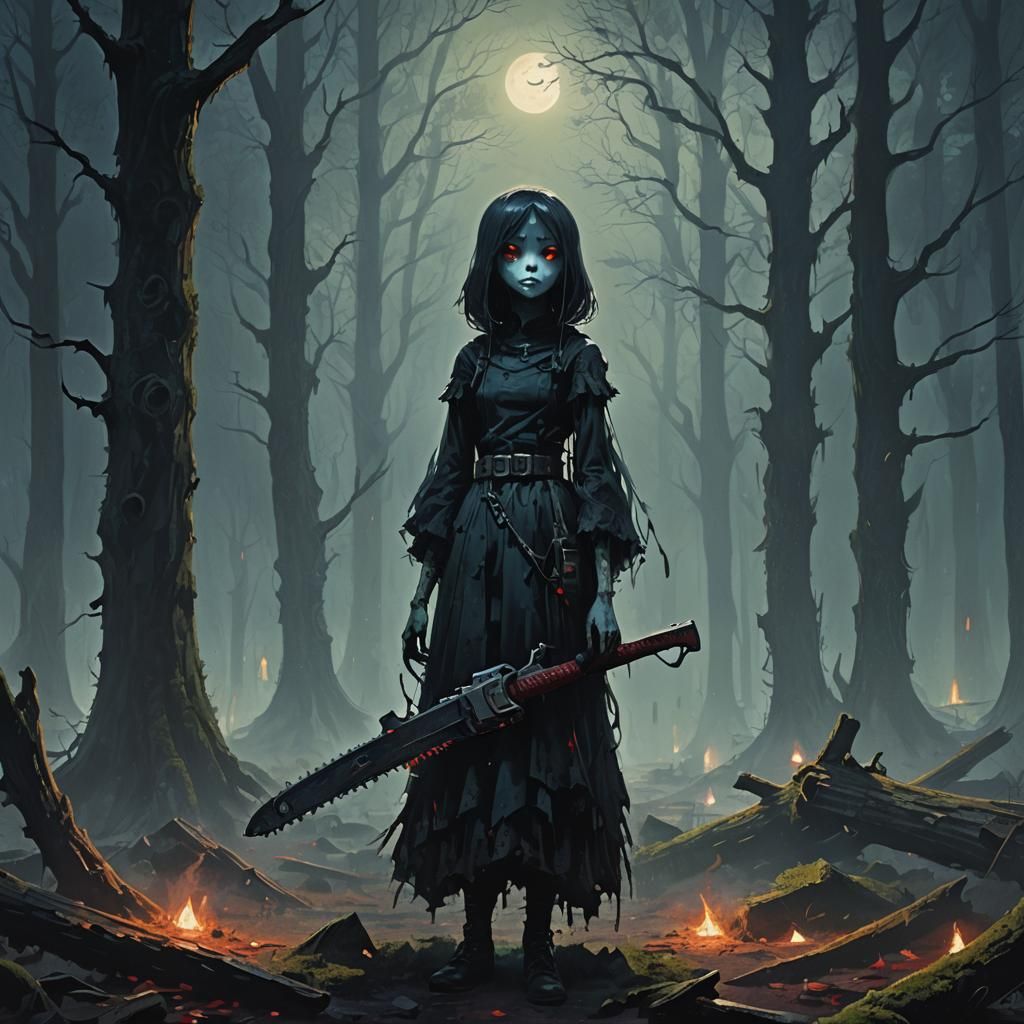 Ghost Girl with Chainsaw in Misty Forest