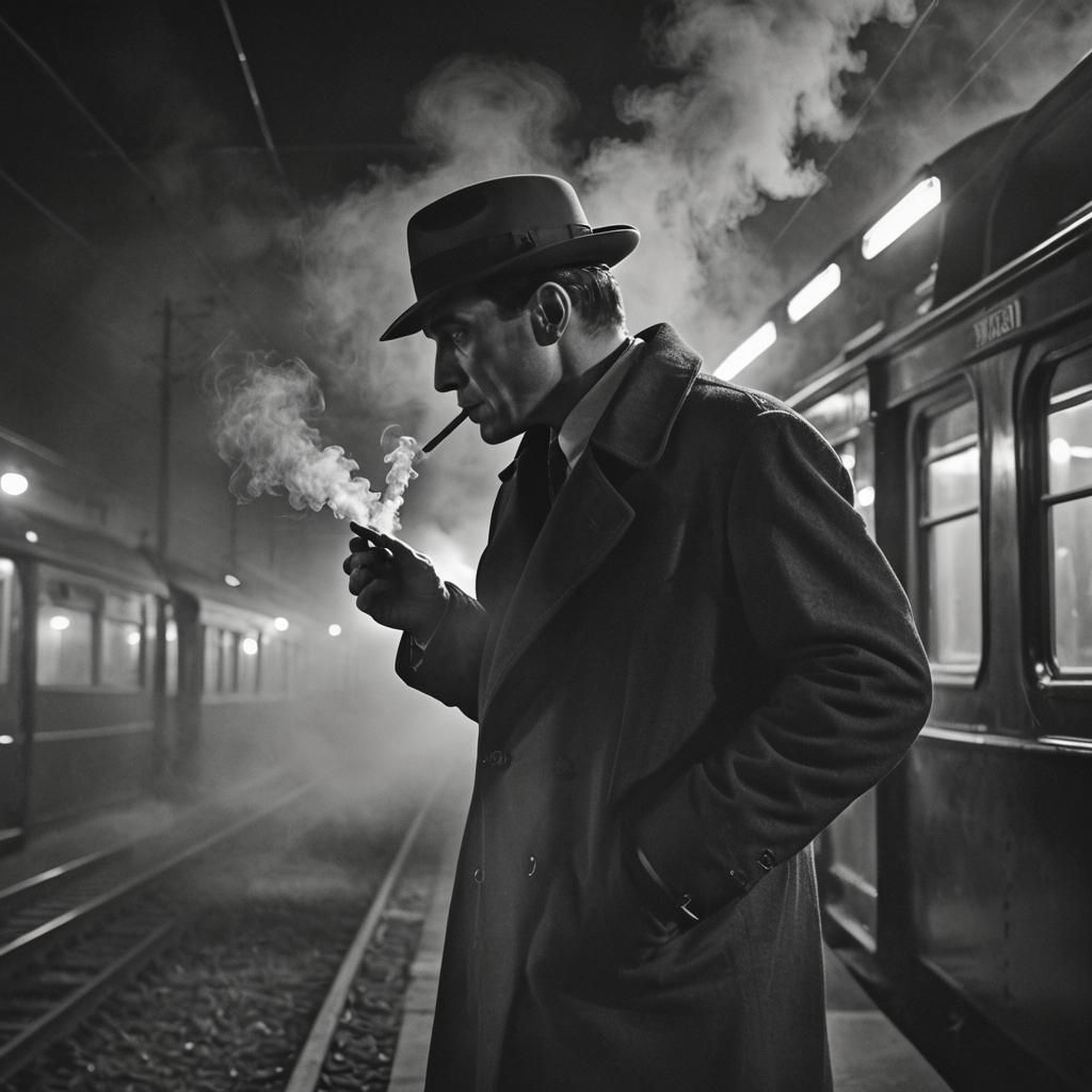 Film Noir Detective on a Smoky Train