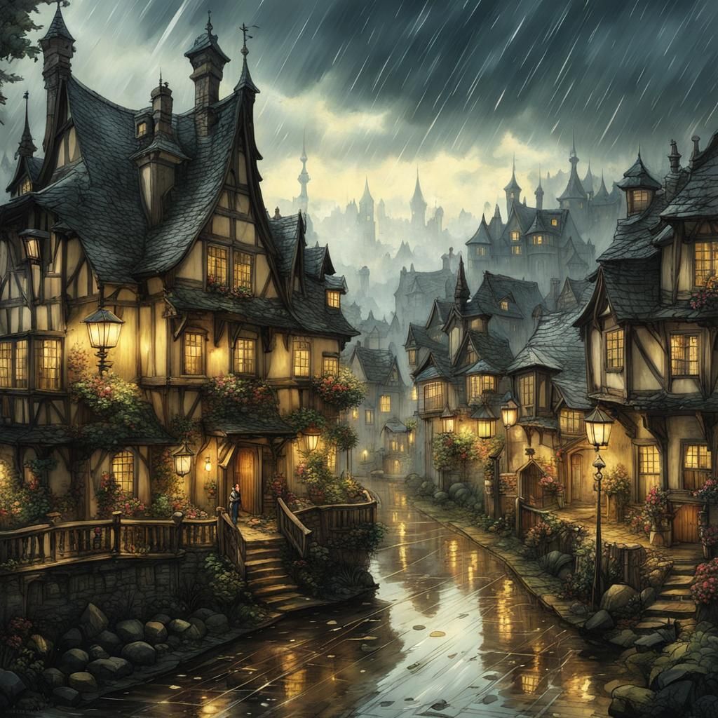 Rainy Fairytale Town Street in Anime Style