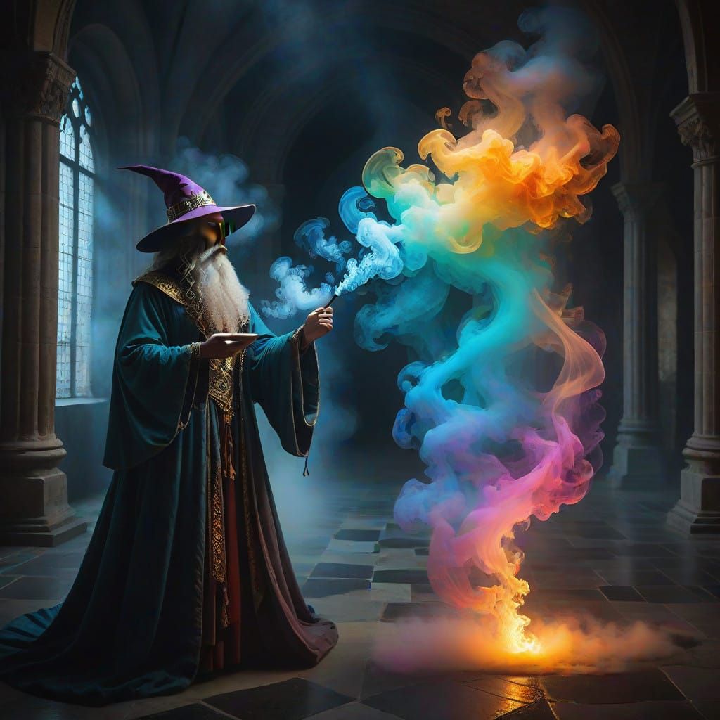 Ethereal Wizard Conjures Sensual Woman from Smoke and Ether