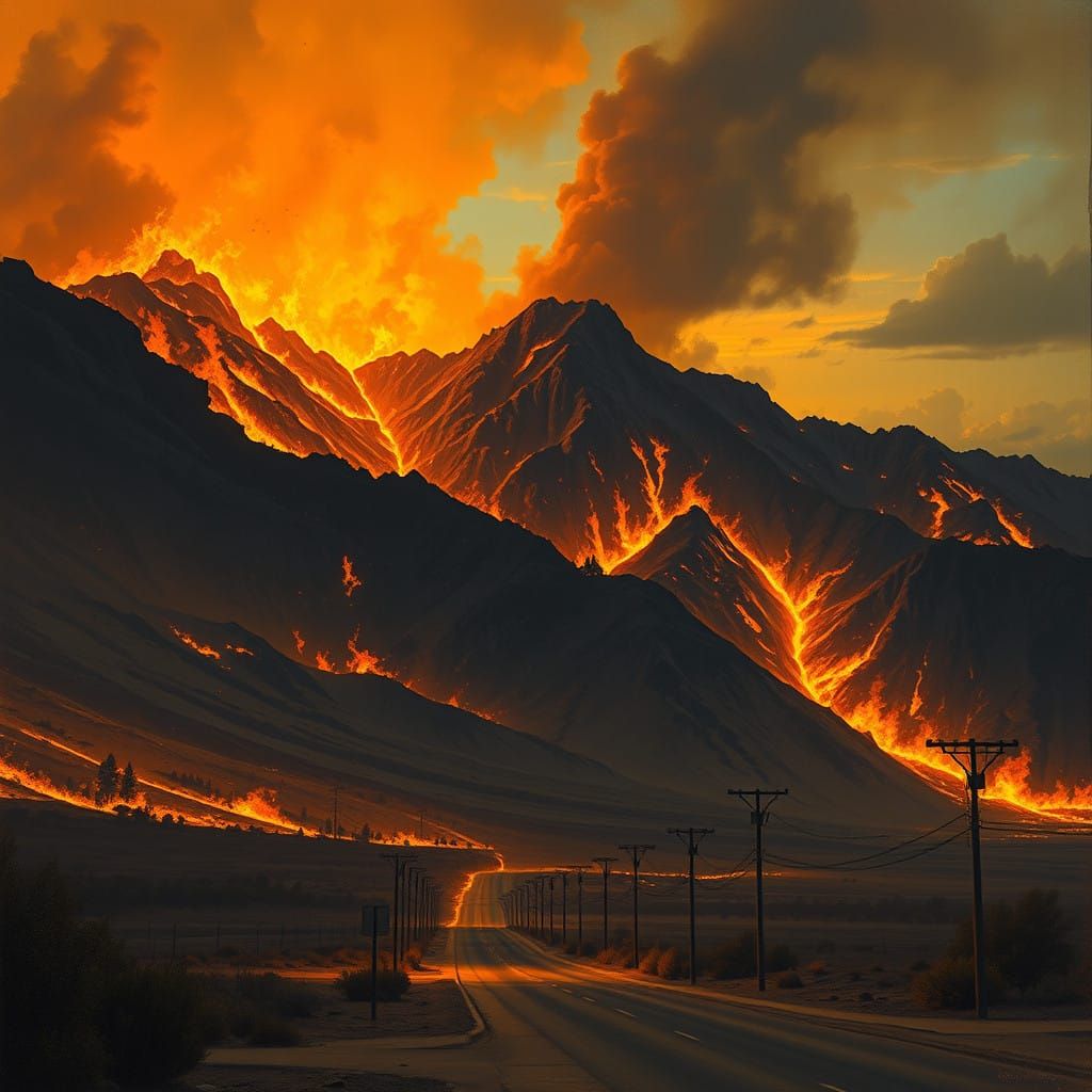 Desolate Mountain Landscape Consumed by Raging Wildfires at....