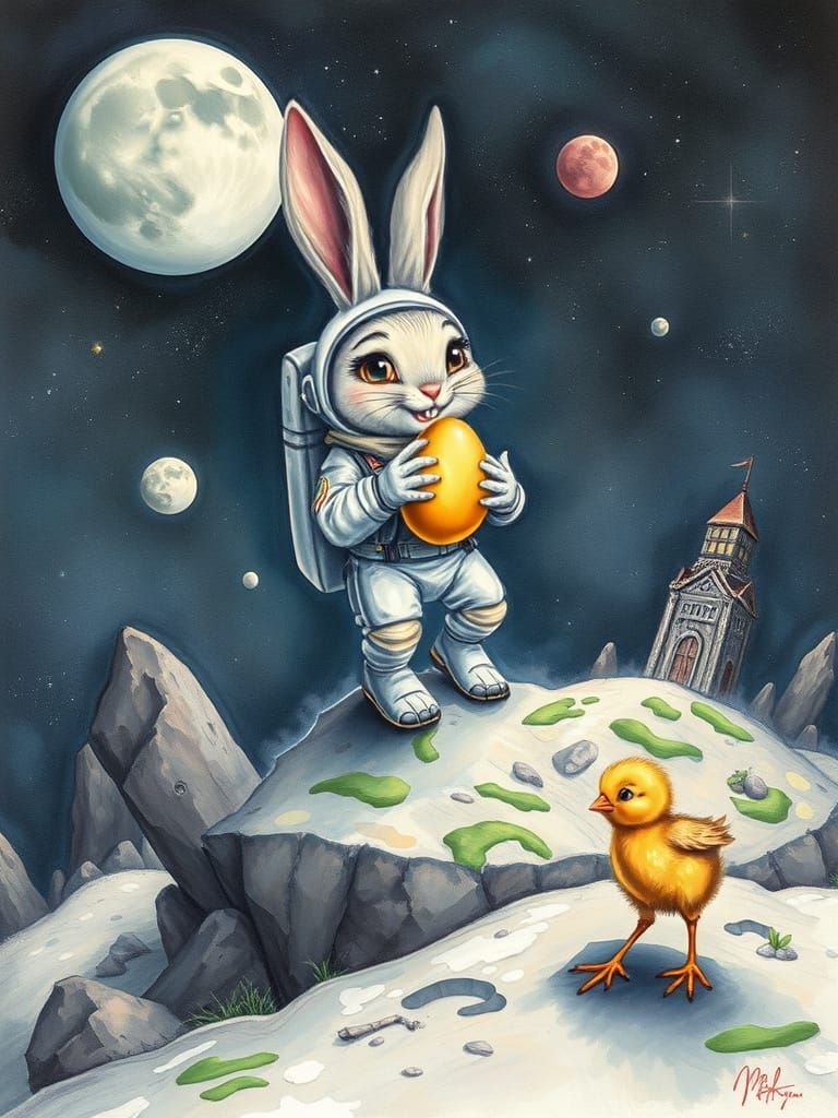 Bunny Astronaut's Lunar Landing: A Gouache and Watercolor Fa...