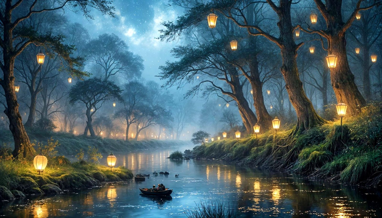 Constellation Lanterns Float Down Misty River