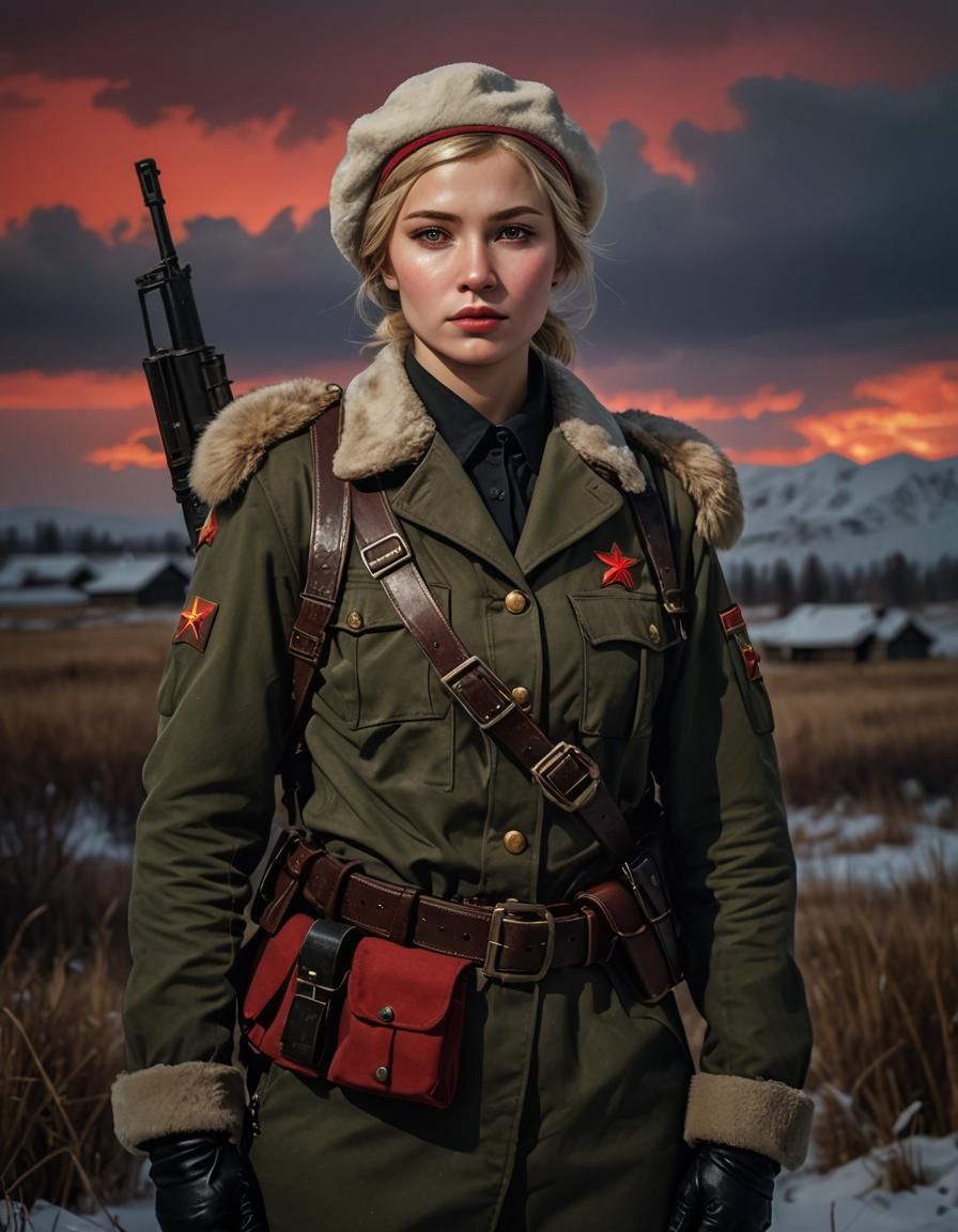 Female Soldier in Siberian Steppe: Hyperrealistic Photograph...