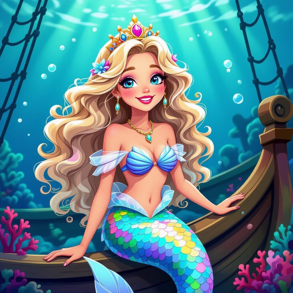 Mermaid Queen on Sunken Galleon, Magical Underwater Scene