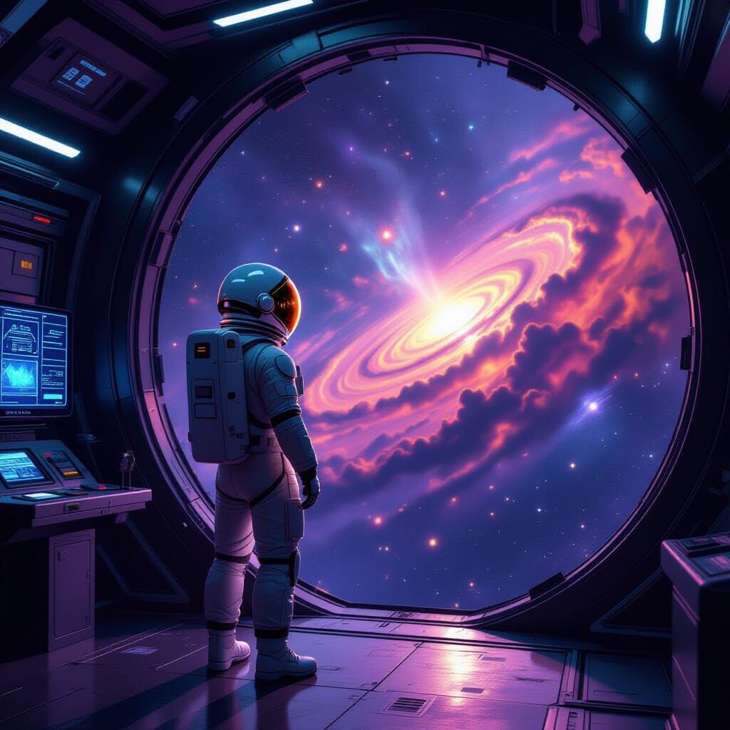 Astronaut Gazes at Nebula from Derelict Starship