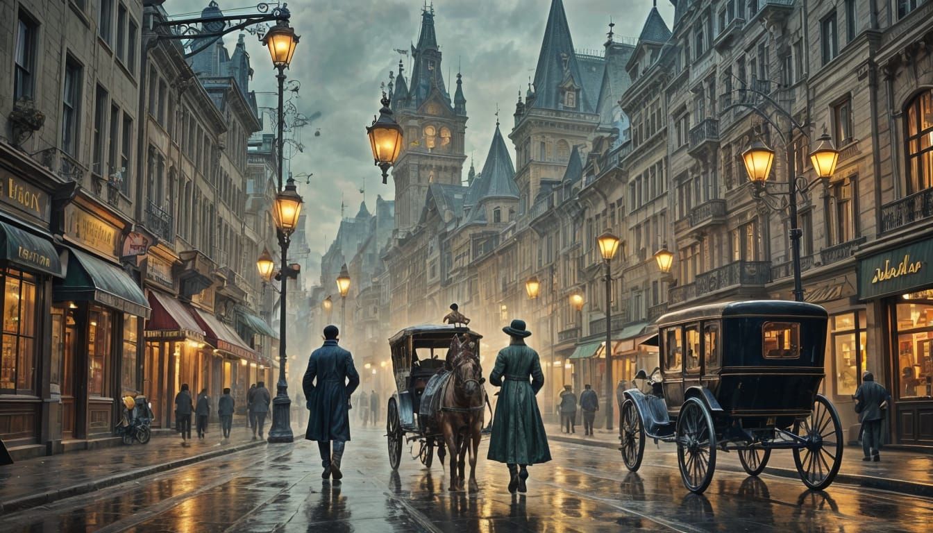 1920s Street Scene in Alphonse Mucha Style