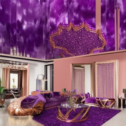 Luxurious purple penthouse with vibrant purple fractals walls with amethyst fractals rhinestones& Rose gold accents& pur...