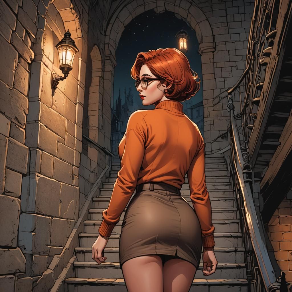 Curvy Woman Exploring Haunted Castle, Comic Book Art