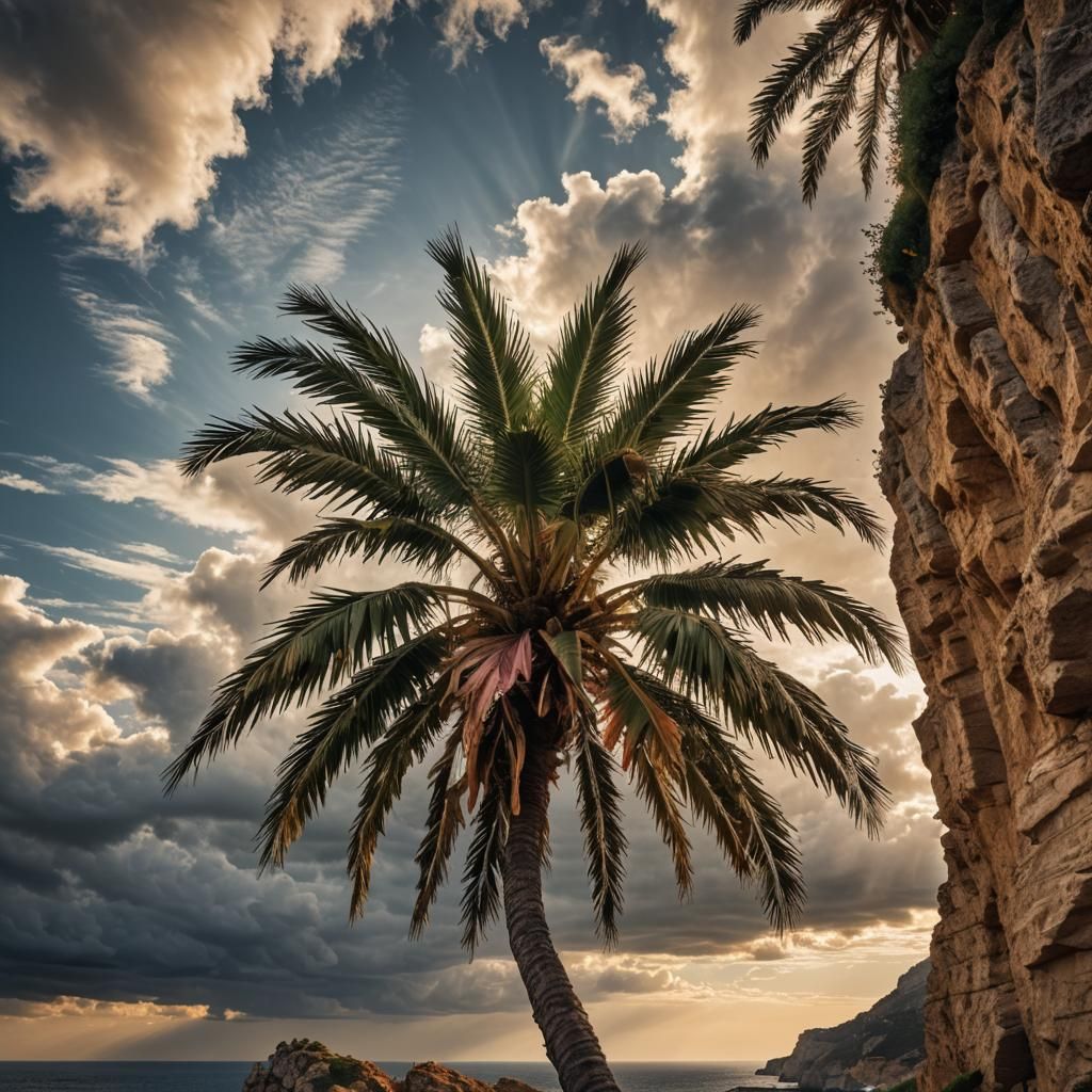 Mediterranean Cliff Palm: Cinematic Landscape Photography
