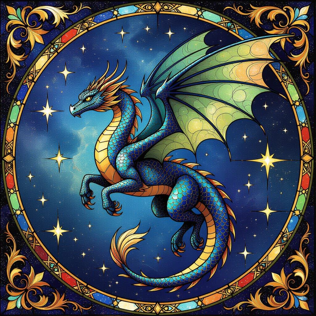 Celestial Dragon Soaring: Stained Glass Art Nouveau