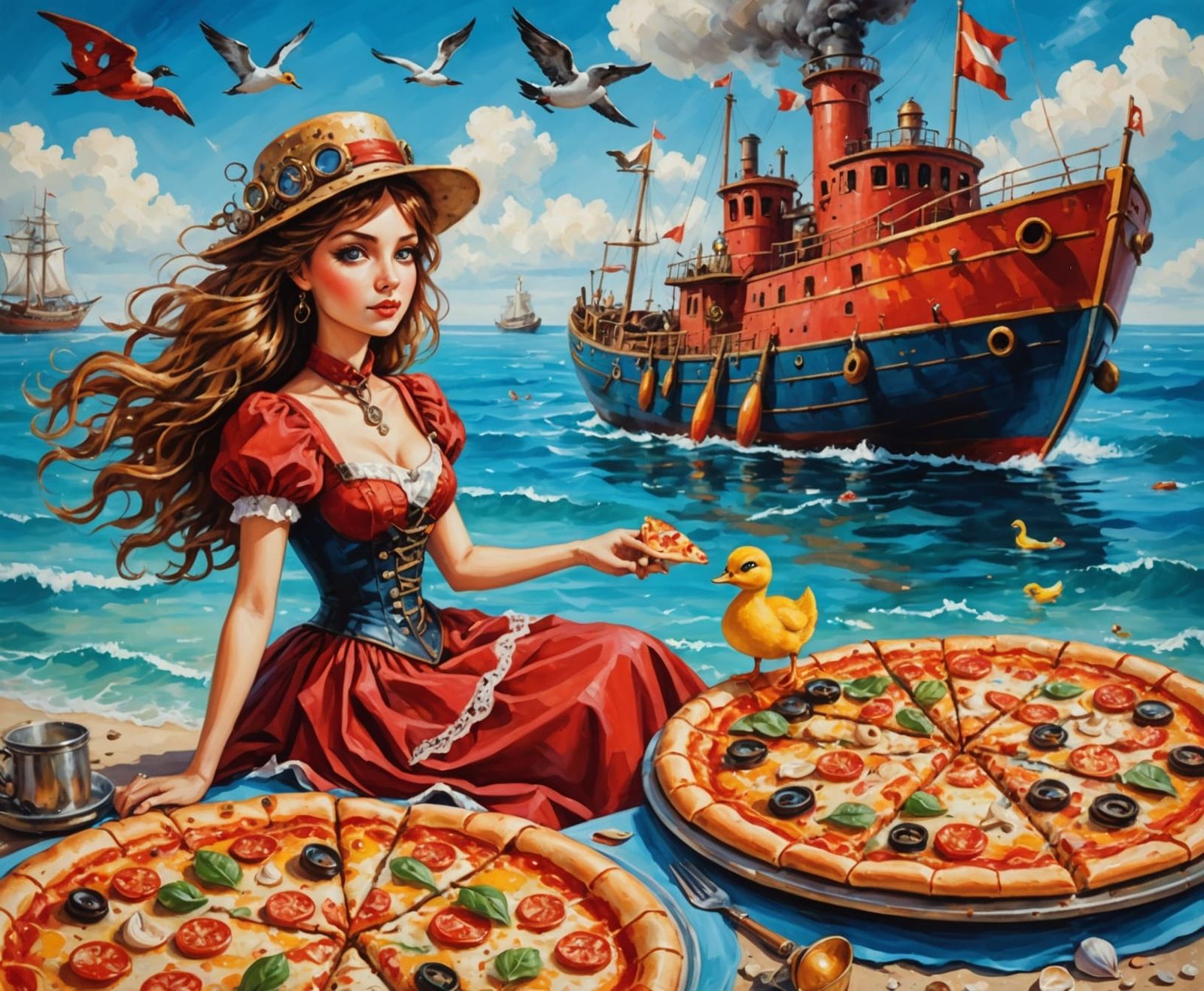 Steampunk Beach Vacation in Oil Painting Style