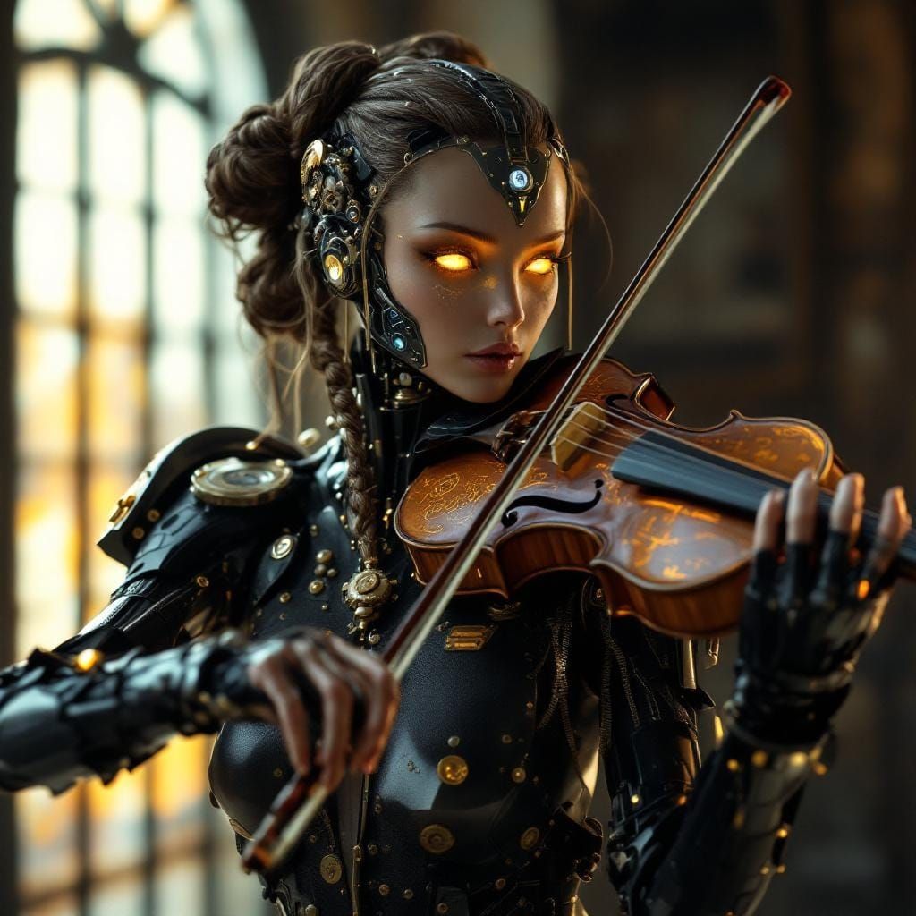 Steampunk Cyborg Violinist in Industrial Setting