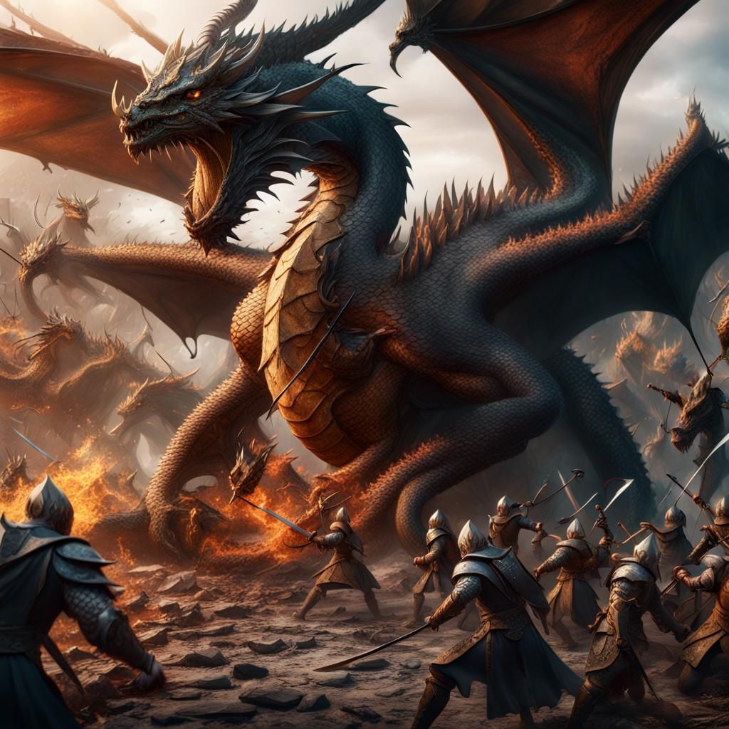 Dragon versus Elven Horde: Detailed Matte Painting